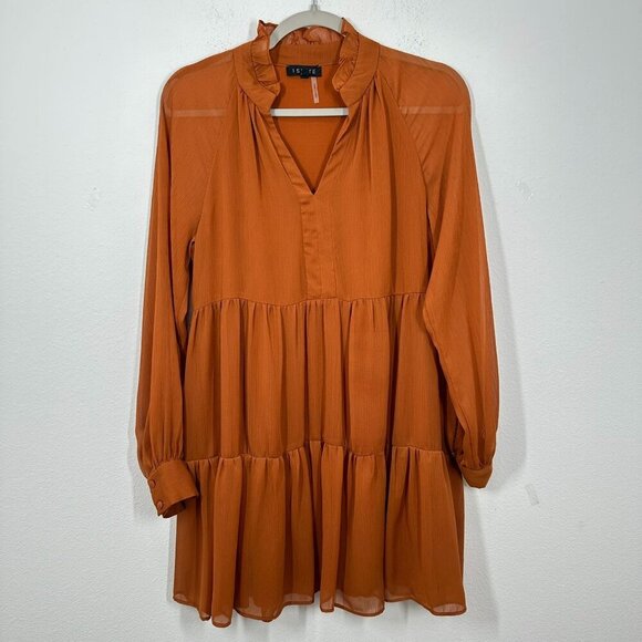 1.State Pumpkin Spice Orange Sheer Sleeve Mini Dress Size Small Fall Wedding - Picture 1 of 7